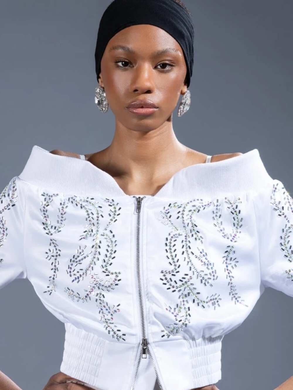 AKIRA White Rhinestone Embellished Off-Shoulder Bomber Jacket